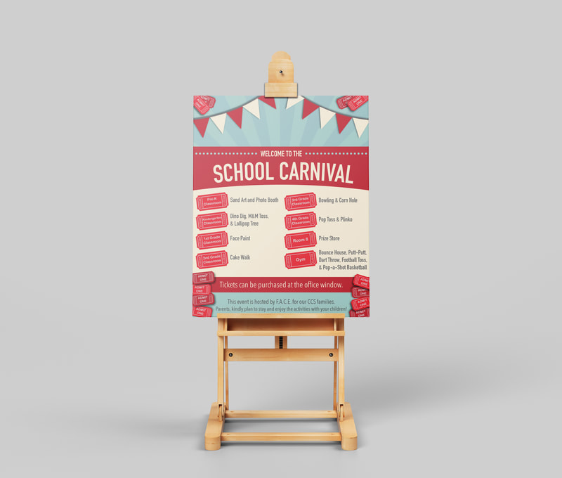 This is a photo of an itinerary sign designed by Emmy for a school carnival. 